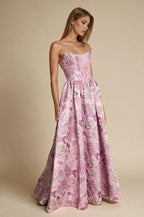 Long Pink Floral Jacquard Corset Prom Dress - view 5