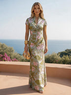 Jacquard Sheath/Column V-Neck Floor-Length Mother of the Bride & Groom Dresses with Ruched Waist - Pink Green