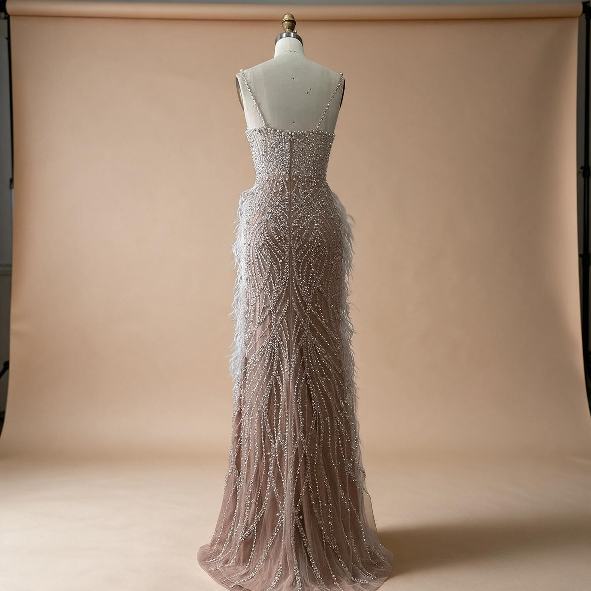 Zapdress White Nude Spaghetti Strap Feathers Beaded Mermaid Evening Dress Party Gown for Women DLA72823 Customized (ZD17377)
