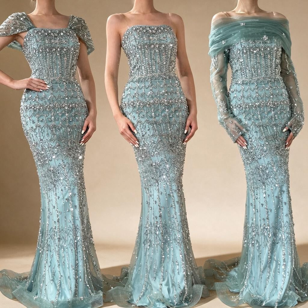 Zapdress Blue Mermaid Beaded Evening Dresses with Detachable Sleeves Elegant Party Gowns for Women DLA72714 Customized (ZD17361)