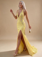 Sheath/Column Deep V Neck Halter Floor Length Prom Dress with Flower Sequin - view 5