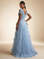 Light Blue Short-Sleeve Tulle Gown Evening Dress with 3D Flower V Neck Pleat Maxi Dress - view 6