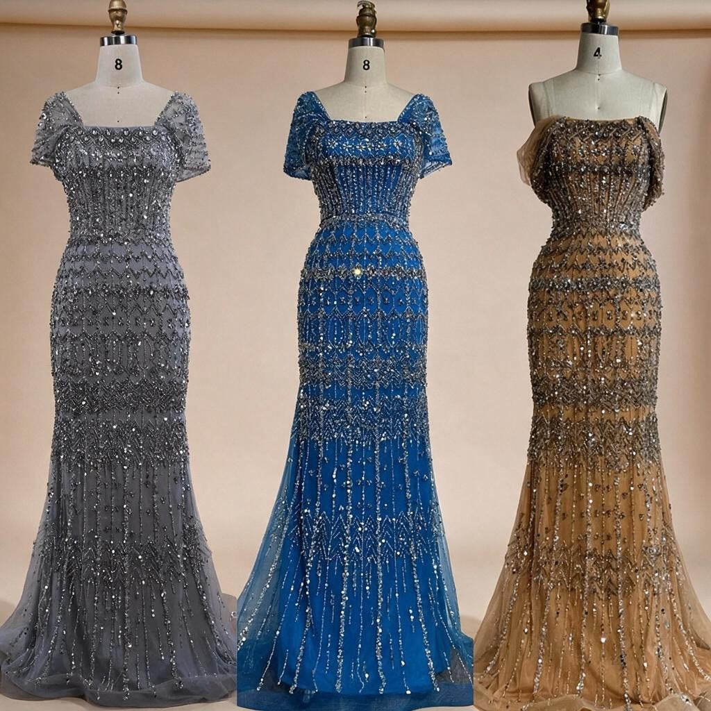 Zapdress Blue Mermaid Beaded Evening Dresses with Detachable Sleeves Elegant Party Gowns for Women DLA72714 Customized (ZD17361)
