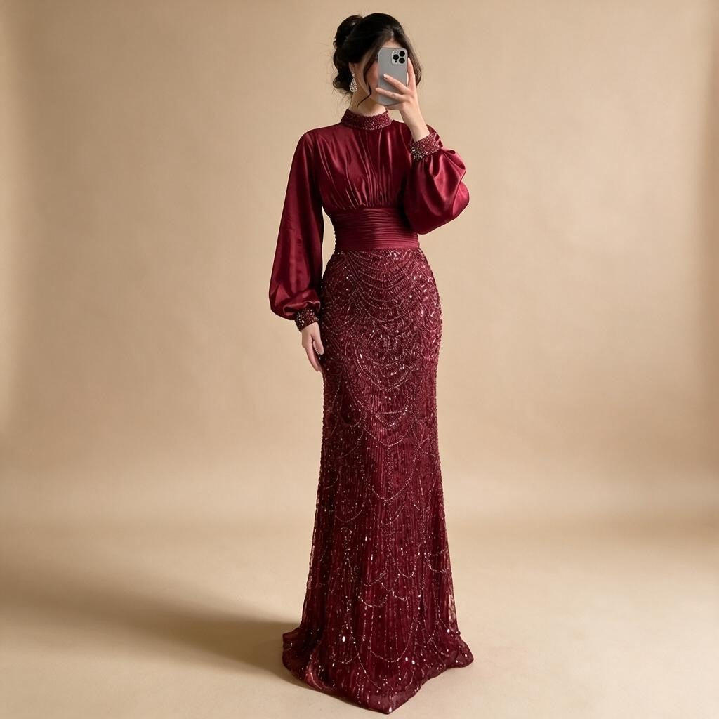 Zapdress 2026 Elegant Mauve Muslim Evening Gowns Dubai High Neck Full Sleeve Formal Party Dress for Women DLA73676 Customized (ZD17173)