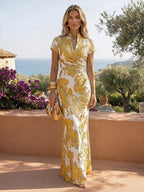 Jacquard Sheath/Column V-Neck Floor-Length Mother of the Bride & Groom Dresses with Ruched Waist - Mustard Yellow
