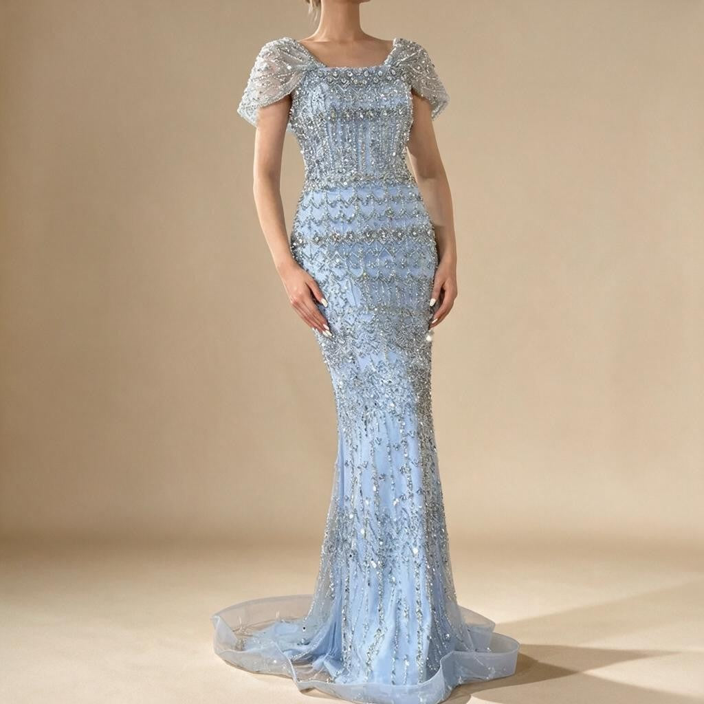 Zapdress Blue Mermaid Beaded Evening Dresses with Detachable Sleeves Elegant Party Gowns for Women DLA72714 Customized (ZD17361)