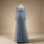 Zapdress Green Square Collar Long Sleeve Mermaid Pearls Beaded Evening Party Gown Overskirt Dress DLA72032N Customized (ZD17342)
