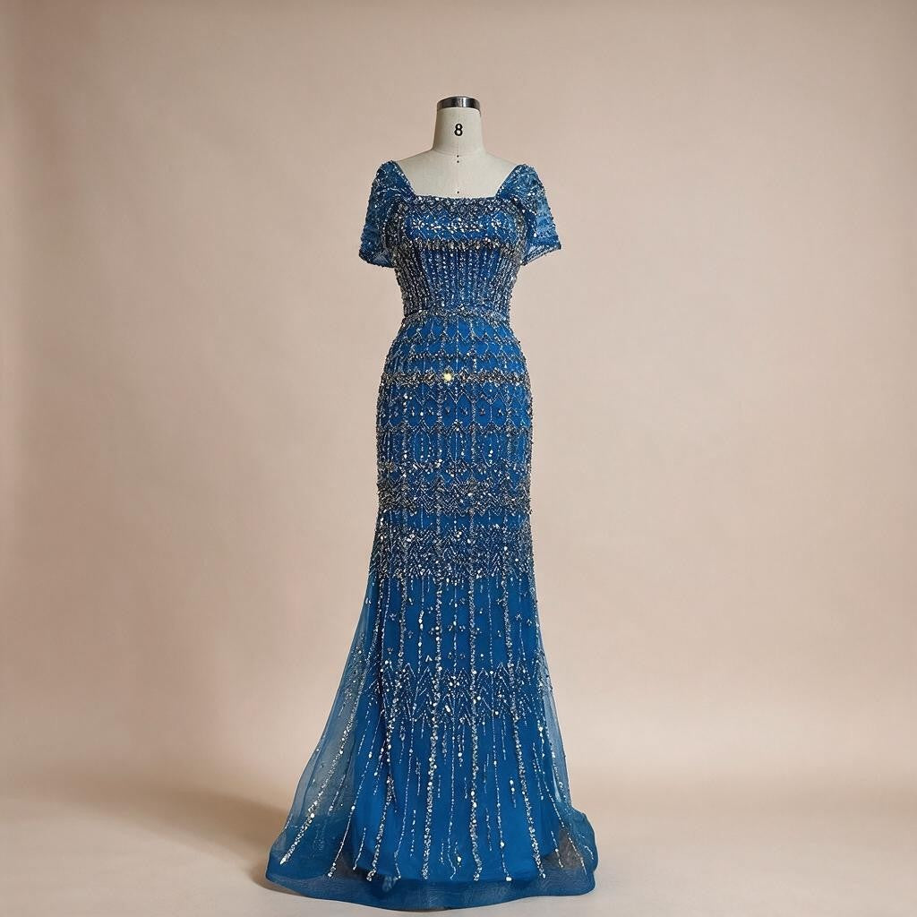 Zapdress Blue Mermaid Beaded Evening Dresses with Detachable Sleeves Elegant Party Gowns for Women DLA72714 Customized (ZD17361)