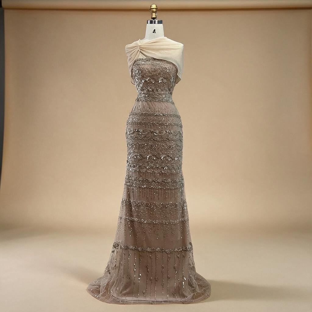 Zapdress 2026 Customized Nude Mermaid Sleeveless Evening Dress with Long Cape Dubai Wedding Party Gowns for Women DLA72126B (ZD17331)