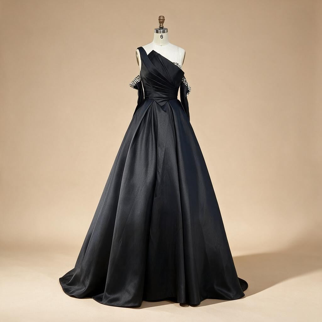 Zapdress 2025 Elegant Black One-Shoulder A Line Beaded Evening Dresses Gowns with Sleeveless For Party DLA72741 Customized (ZD17183)