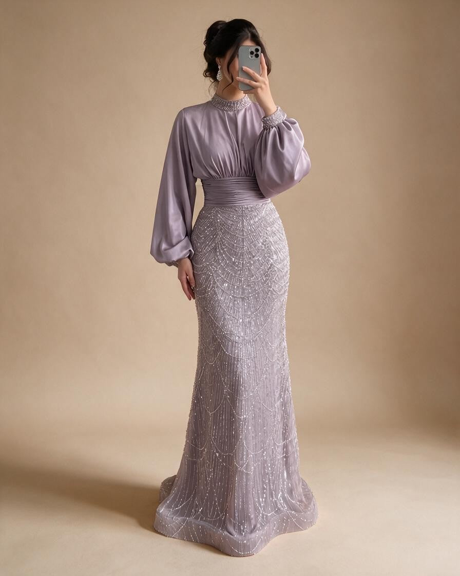 Zapdress 2026 Elegant Mauve Muslim Evening Gowns Dubai High Neck Full Sleeve Formal Party Dress for Women DLA73676 Customized (ZD17173)
