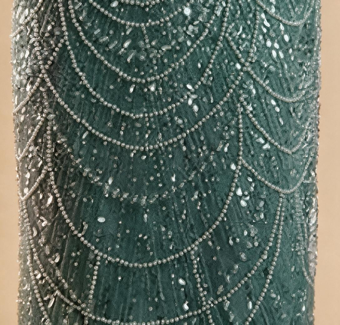 Zapdress Green Square Collar Long Sleeve Mermaid Pearls Beaded Evening Party Gown Overskirt Dress DLA72032N Customized (ZD17342)