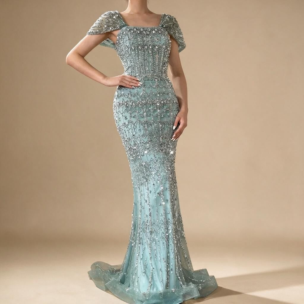 Zapdress Blue Mermaid Beaded Evening Dresses with Detachable Sleeves Elegant Party Gowns for Women DLA72714 Customized (ZD17361)