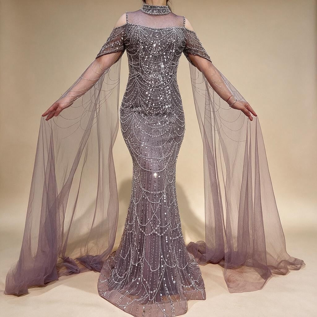 Zapdress Dubai Purple Mermaid Cape Sleeves Beaded Long Evening Dress 2025 For Formal Occasion DLA71992 Customized (ZD17372)