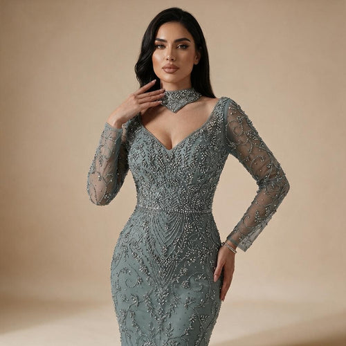 Zapdress Customized Turquoise Evening Dresses with Neck Lace 2026 Long Sleeves Mermaid Beaded Elegant Party Gowns DLA73042B (ZD17172)