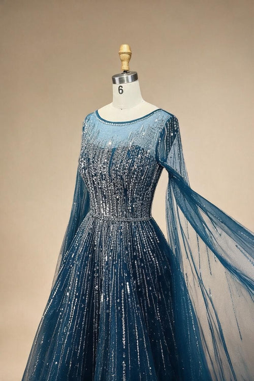 Zapdress Blue Cape Sleeves A-Line Beaded Evening Dresses Customized Party Gowns for Women DLA72248A (ZD17176)