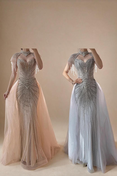 Zapdress Nude Mermaid Tassel Beaded Evening Dress with Detachable Overskirt Formal Party Gown for Women DLA73182 Customized (ZD17178)