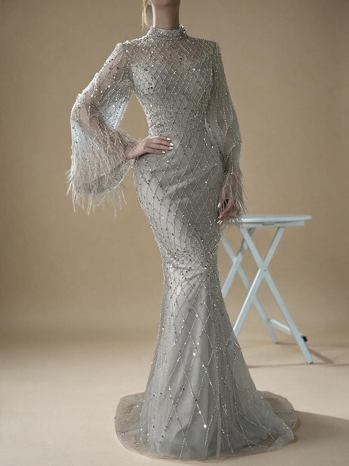 Customized 2025 Dubai Green Grid Cut Out Lace Beaded Feathers Sleeves Elegant Dresses Gowns for Formal Occasion DLA72394A (ZD17185)