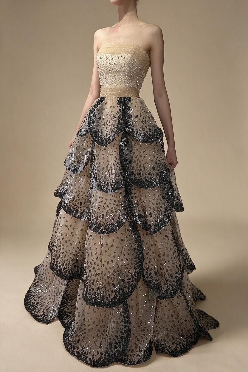 Zapdress Customized 2025 Black Nude Strapless Evening Prom Dresses Sequined Tiered A-line Party Gowns for Women DLA72505A (ZD17188)
