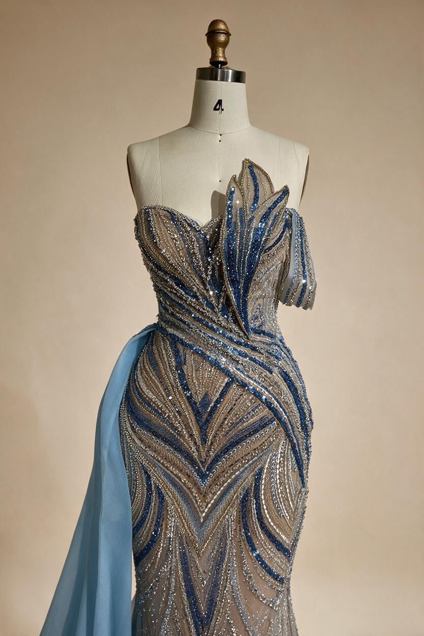 Zapdress Blue Strapless Mermaid Beaded Evening Dresses with Skirt Formal Party Gwons for Women DLA72662 Customized (ZD17189)