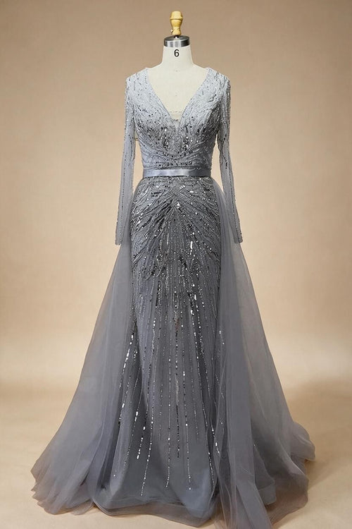 Zapdress Customized Turquoise Long Sleeves Mermaid Beaded Evening Dresses Overskirt Party Gowns For Women DLA72239A (ZD17191)