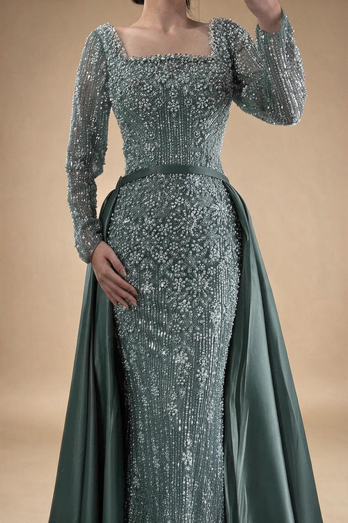 Zapdress Turquoise Square Collar Mermaid Beaded Evening Dress Overskirt Party Gowns with Long Sleeves Customized DLA72533A (ZD17193)