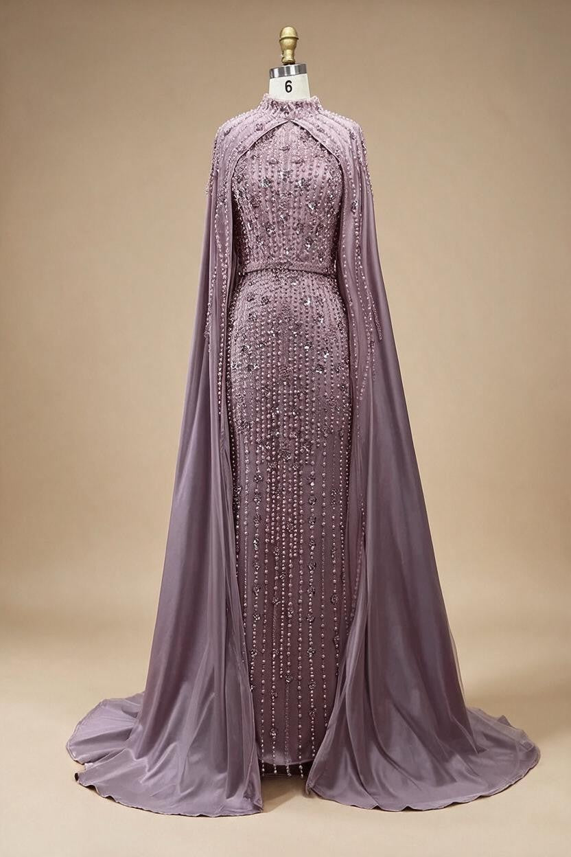 Zapdress Pink Long Sleeves High Neck Muslim Mermaid Beaded Evening Party Gown Dress with Cape for Women DLA72533 Customized (ZD17194)
