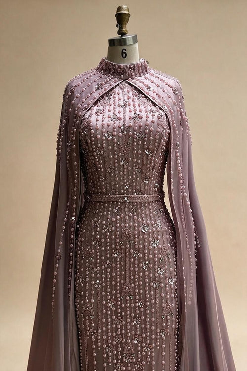 Zapdress Pink Long Sleeves High Neck Muslim Mermaid Beaded Evening Party Gown Dress with Cape for Women DLA72533 Customized (ZD17194)