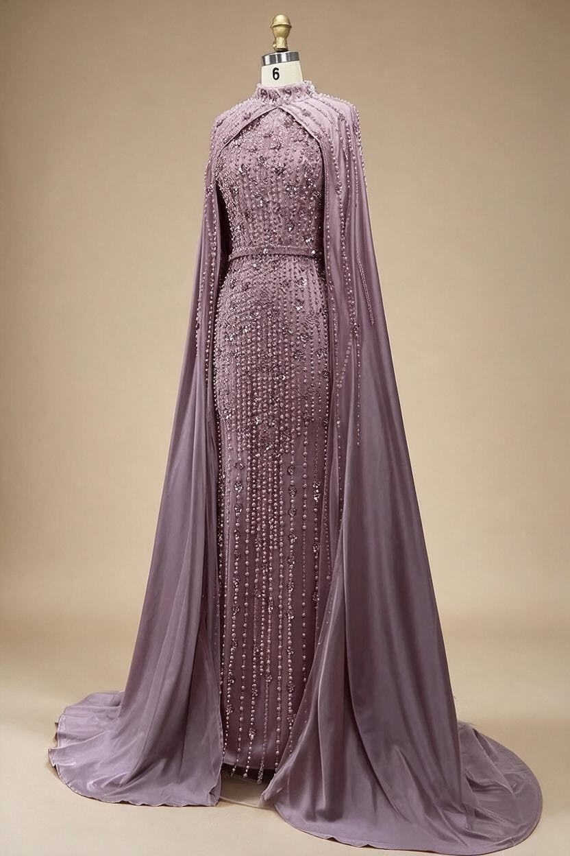 Zapdress Pink Long Sleeves High Neck Muslim Mermaid Beaded Evening Party Gown Dress with Cape for Women DLA72533 Customized (ZD17194)