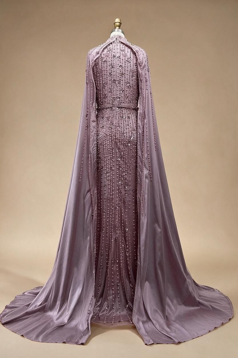 Zapdress Pink Long Sleeves High Neck Muslim Mermaid Beaded Evening Party Gown Dress with Cape for Women DLA72533 Customized (ZD17194)