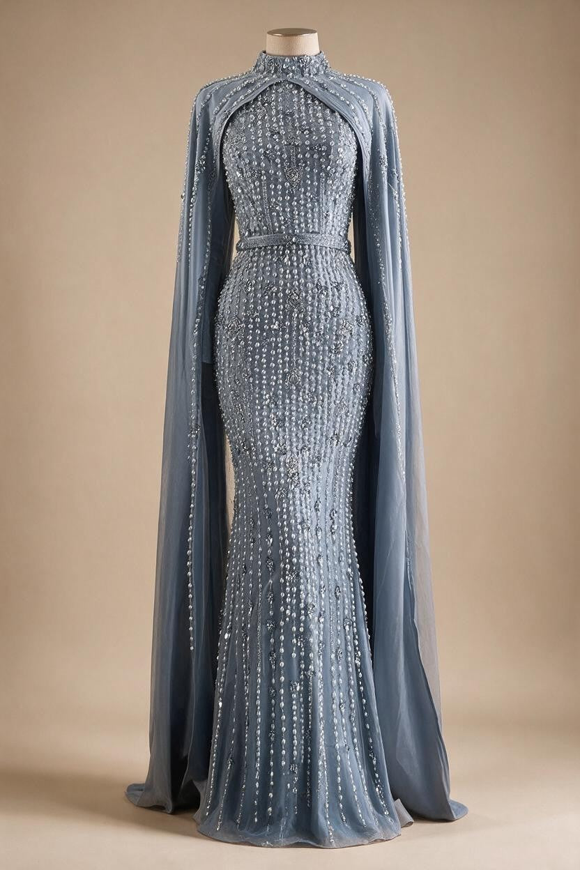 Zapdress Pink Long Sleeves High Neck Muslim Mermaid Beaded Evening Party Gown Dress with Cape for Women DLA72533 Customized (ZD17194)