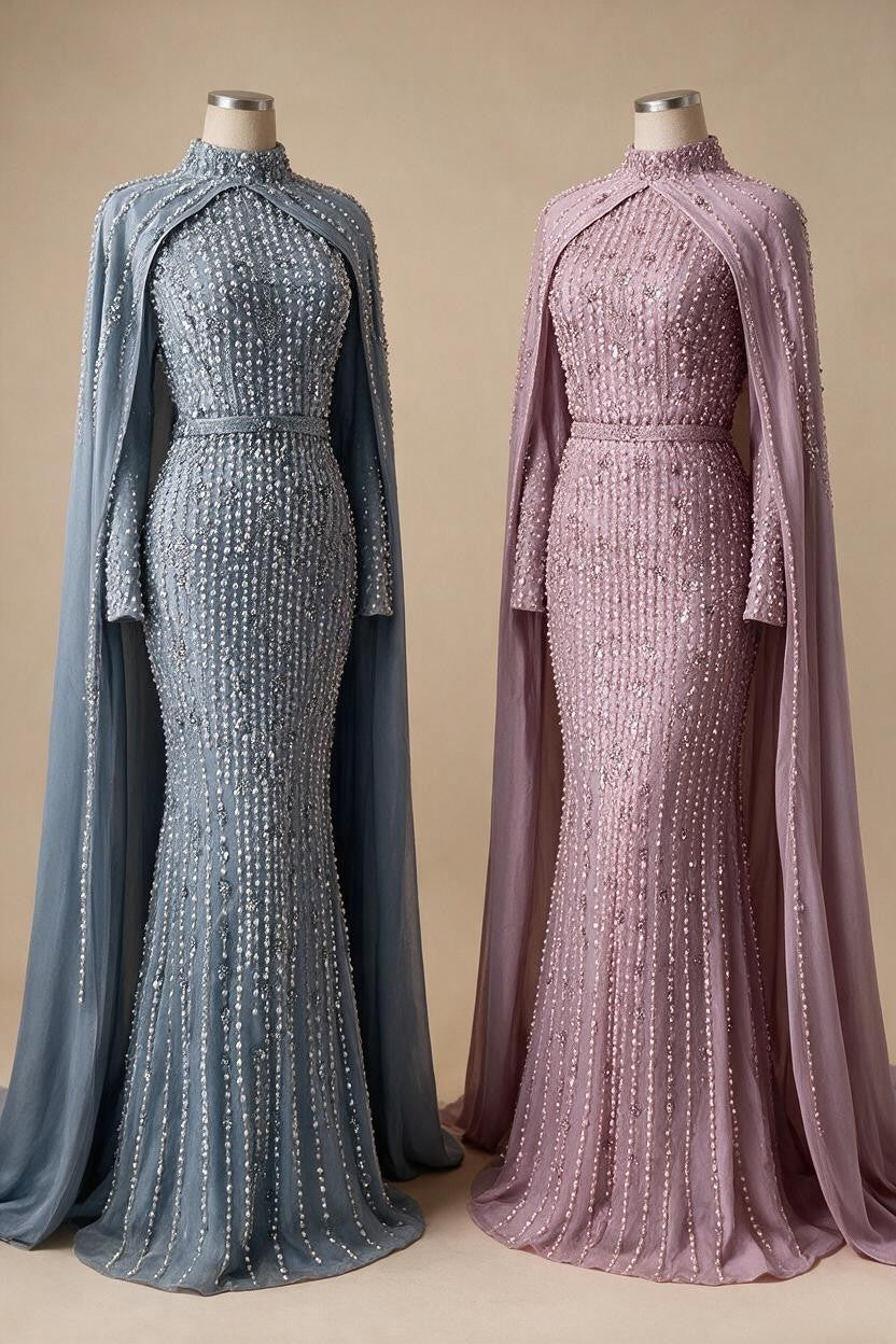 Zapdress Pink Long Sleeves High Neck Muslim Mermaid Beaded Evening Party Gown Dress with Cape for Women DLA72533 Customized (ZD17194)