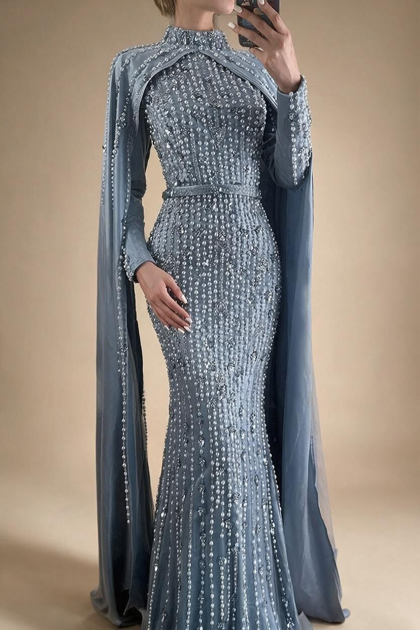 Zapdress Pink Long Sleeves High Neck Muslim Mermaid Beaded Evening Party Gown Dress with Cape for Women DLA72533 Customized (ZD17194)