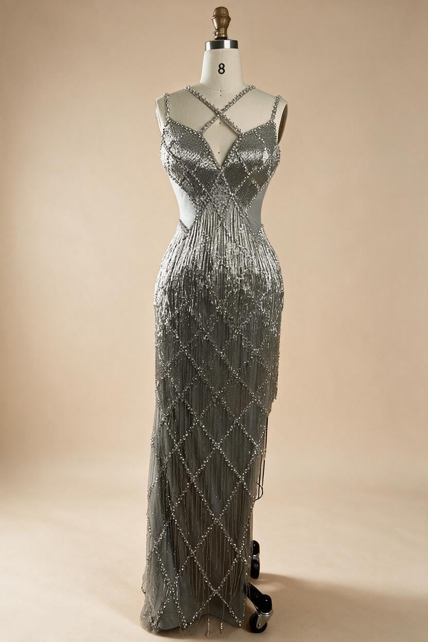Zapdress Silver Mermaid Gold Evening Gowns Luxury Beaded Tassel Spaghetti Strap Party Dresses For Women DLA72280 Customized (ZD17197)