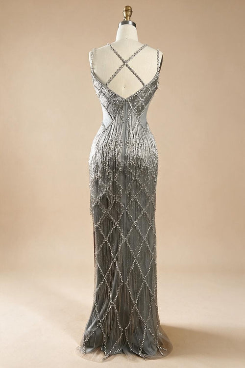 Zapdress Silver Mermaid Gold Evening Gowns Luxury Beaded Tassel Spaghetti Strap Party Dresses For Women DLA72280 Customized (ZD17197)