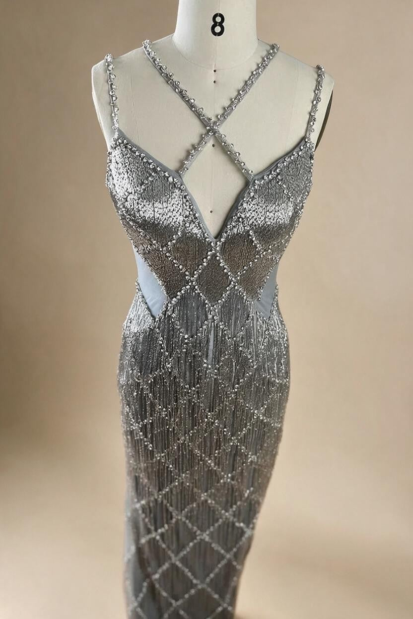 Zapdress Silver Mermaid Gold Evening Gowns Luxury Beaded Tassel Spaghetti Strap Party Dresses For Women DLA72280 Customized (ZD17197)