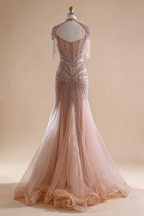 Zapdress Nude Luxury Beaded Evening Dress with Tassel Wedding Party Gowns for Women DLA72897B Customized (ZD17201)
