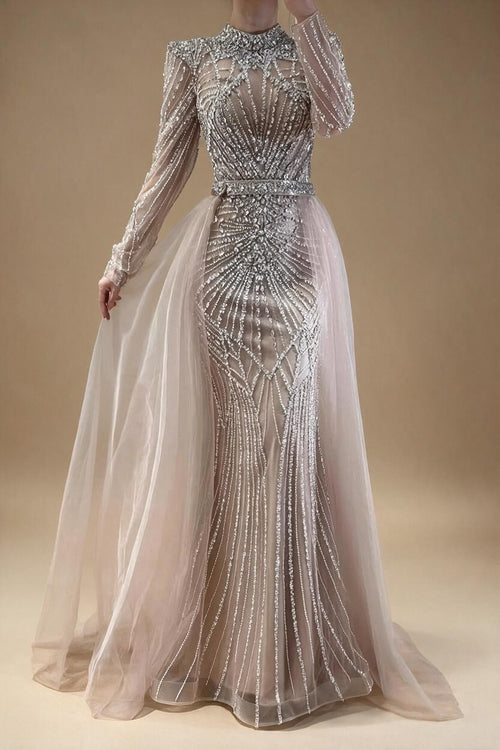 Zapdress Nude Muslim High Neck Mermaid Evening Gowns 2026 Long Sleeves Overskirt Party Dress for Women DLA73203A Customized (ZD17202)