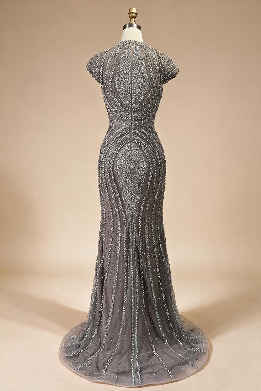 Zapdress Gray Nude Cap Sleeves Mermaid Beaded Luxury Evening Dresses Formal Party Gowns for Women DLA72344 Customized (ZD17204)