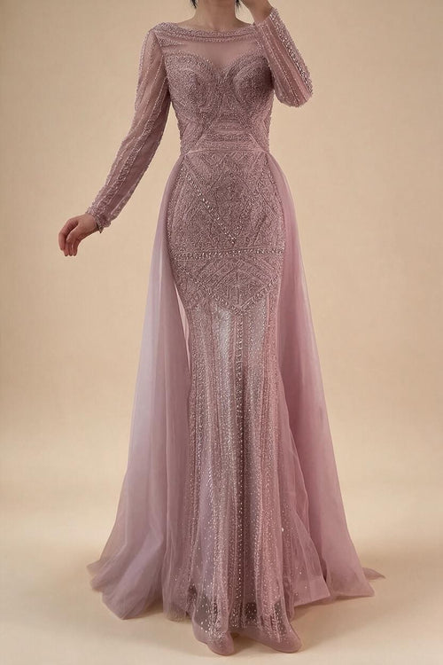 Zapdress Pink Long Sleeves Mermaid Beaded Evening Dress Formal Party Gowns for Women DLA72967 Customized (ZD17207)