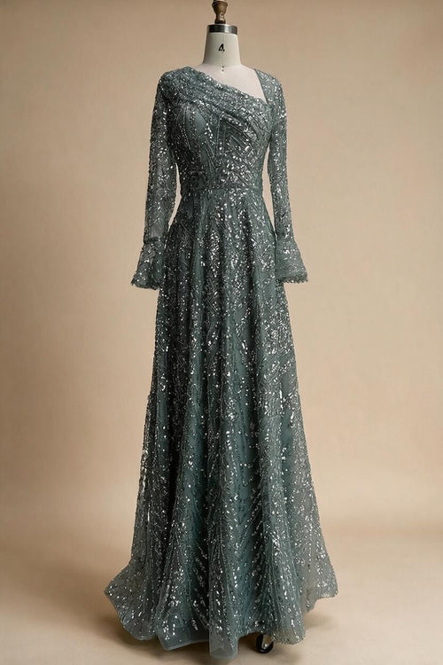Zapdress Turquoise Long Sleeves A Line Pearls Beaded Evening Dresses Elegant Party Gowns for Women DLA73177 Customized (ZD17208)