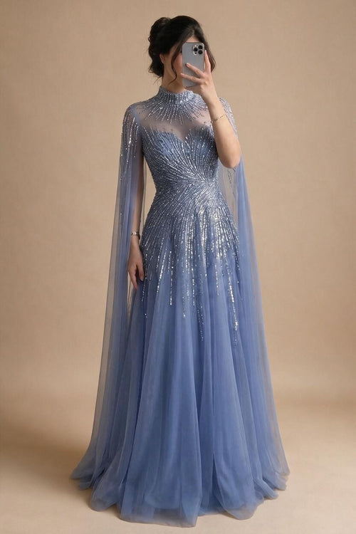 Zapdress Burgundy High Neck Cape Sleeve A-line Evening Dress Elegant Party Gown for Women 2026 Customized DLA72386A (ZD17212)