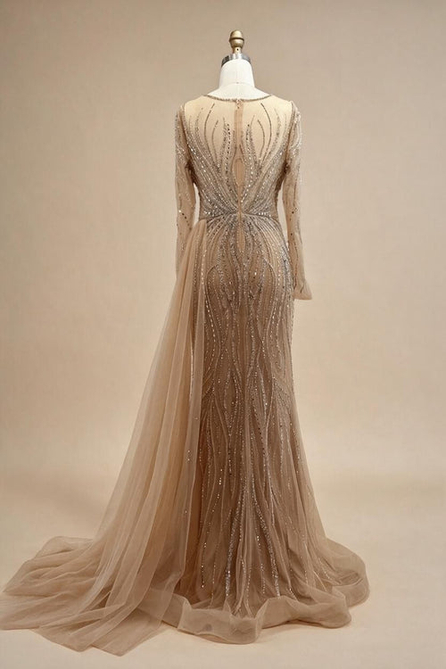 Zapdress Nude Long Sleeves Beaded Evening Dresses with Skirt 2025 Party Gowns for Formal Occasion DLA72812 Customized (ZD17214)