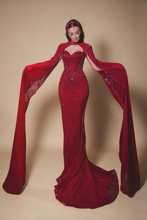 Luxury Nude Elegant Evening Gown Beaded Dress with Cape Sleeves for Formal Party Wear Zapdress DLA72811A Customized (ZD17216)