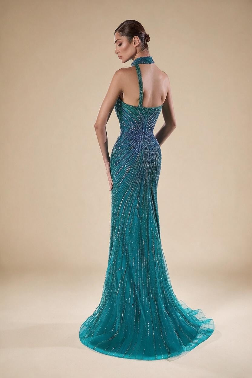 Zapdress Green Halter Sleeveless Beaded Mermaid High Split Evening Dresses Party Gowns for Women DLA72092 Customized (ZD17217)