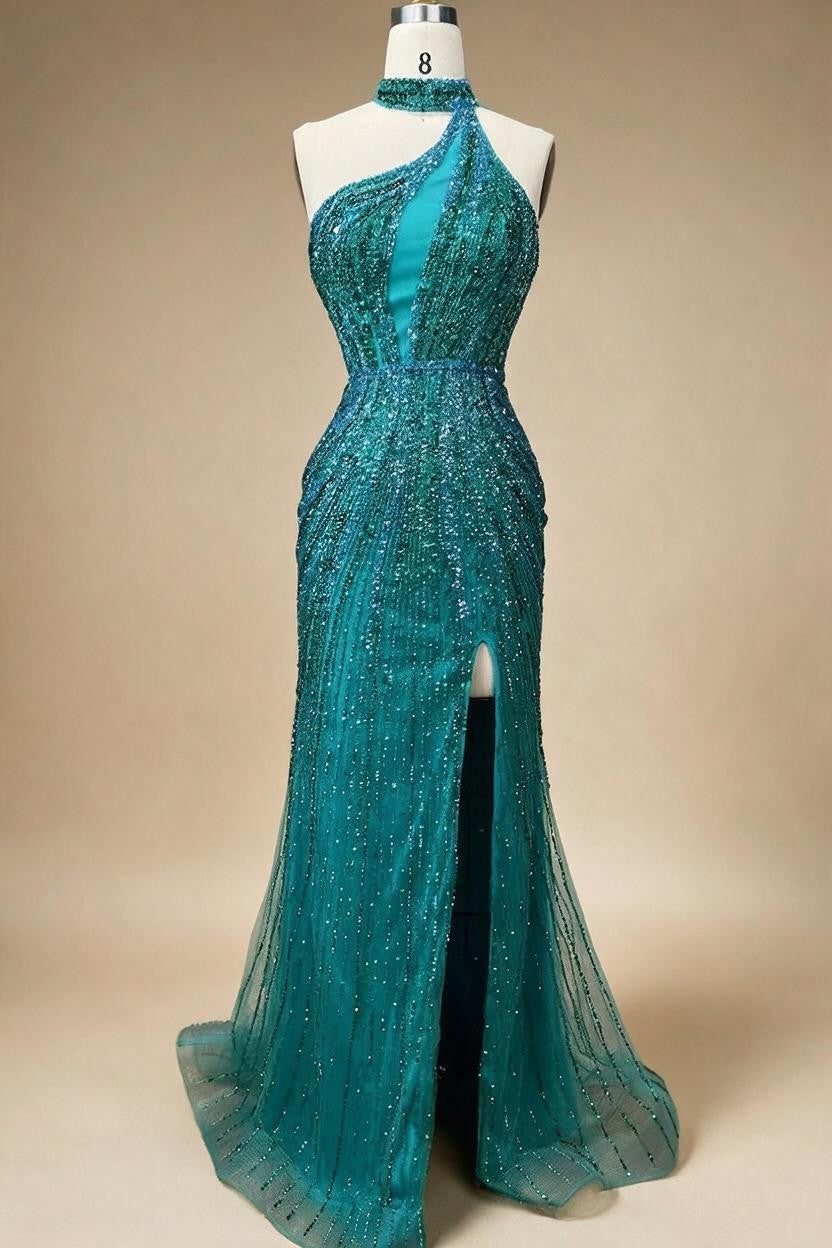 Zapdress Green Halter Sleeveless Beaded Mermaid High Split Evening Dresses Party Gowns for Women DLA72092 Customized (ZD17217)