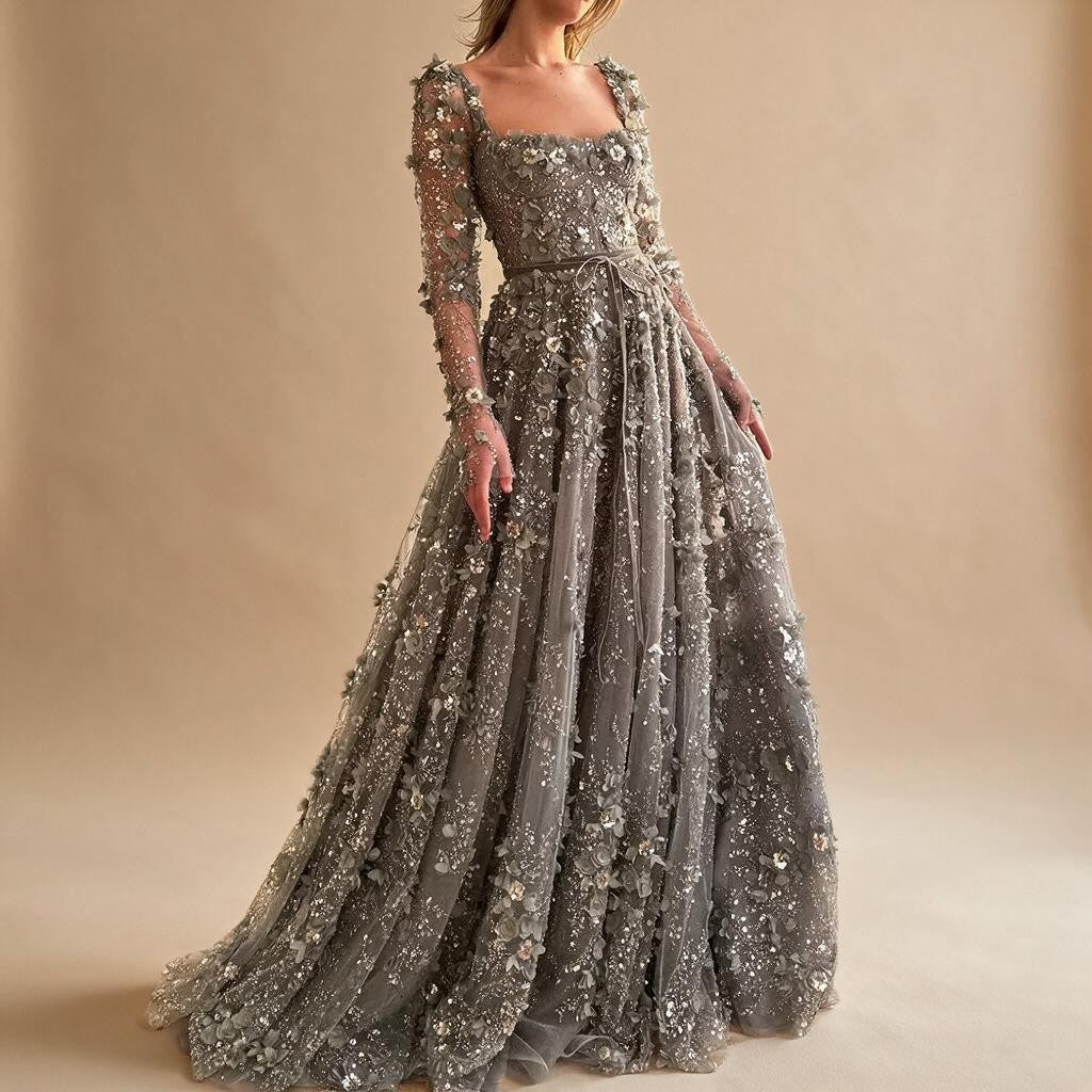 2025 Dubai Gray Lace-Up A-Line Elegant Appliques Elegant Beaded Evening Dresses For Women Wedding Party DLA72657 Customized (ZD17220)