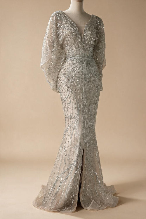 Zapdress Nude V-neck Mermaid Beaded Evening Dresses 2025 Wedding Party Gowns For Women DLA72288A Customized (ZD17221)