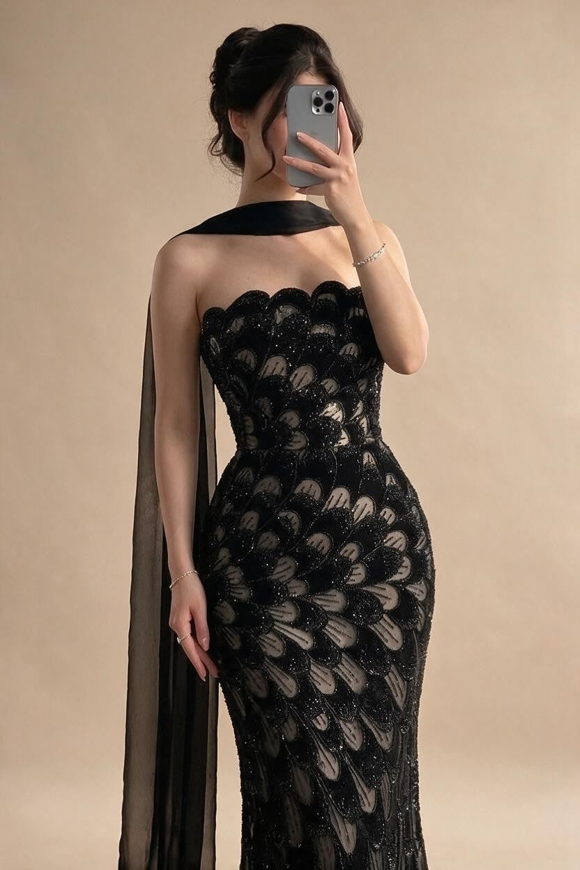 Zapdress 2026 Black Strapless Mermaid Evening Dress with Scarf Elegant Formal Party Gowns for Women DLA73607 Customizedf (ZD17227)