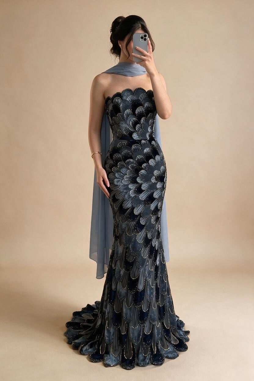 Zapdress 2026 Black Strapless Mermaid Evening Dress with Scarf Elegant Formal Party Gowns for Women DLA73607 Customizedf (ZD17227)